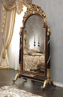Casa Padrino Luxus Barock Standspiegel mit Rollen Braun / Schwarz / Gold / Silber 106 x 56 x H. 218 cm - Prunkvolle handgeschnitzte Barock Möbel - Luxus Qualität - Made in Italy
