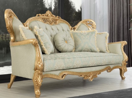 Casa Padrino Luxus Barock Sofa Hellgrün / Gold - Handgefertigtes Wohnzimmer Sofa mit elegantem Muster und Glitzersteinen - Barock Wohnzimmer Möbel - Edel & Prunkvoll