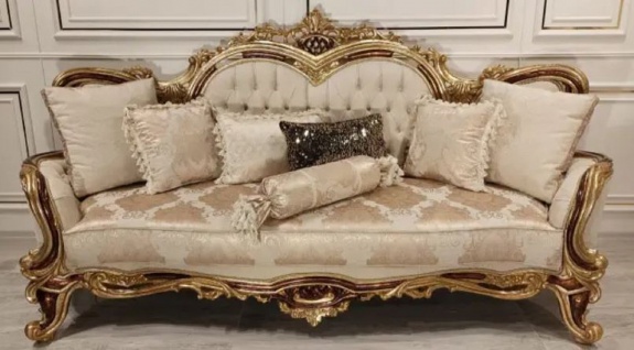 Casa Padrino Luxus Barock Sofa Cremefarben / Braun / Gold - Prunkvolles Wohnzimmer Sofa mit elegantem Muster - Barock Möbel - Edel & Prunkvoll