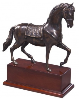 Casa Padrino Luxus Bronzefigur Pferd mit Holzsockel Bronze / Braun 31, 5 x 12, 5 x H. 37, 3 cm - Dekofigur