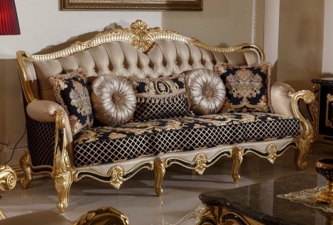 Casa Padrino Luxus Barock Sofa Gold / Schwarz / Mehrfarbig / Gold - Prunkvolles Wohnzimmer Sofa mit elegantem Muster - Barock Wohnzimmer Möbel