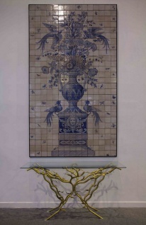 Casa Padrino Luxus Barock Deko Wandgemälde Vase mit Blumen und Vögel Weiß / Grau / Blau 155 x H. 280 cm - Handgefertigte & Handbemalte Naturstein Mosaik Fliesen - Barock Wanddeko 2