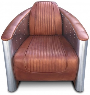 Casa Padrino Luxus Art Deco Leder Sessel 69 x 70 x H. 82 cm - Verschiedene Farben - Aluminium Wohnzimmer Sessel mit Echtleder - Aluminium Flugzeug Flieger Sessel Möbel