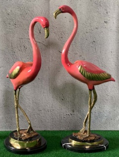 Casa Padrino Luxus Bronze Deko Skulpturen Set Flamingos Rosa / Gold / Schwarz 28 x 20 x H. 70 cm - Bronze Dekofiguren - Wohnzimmer Deko Accessoires