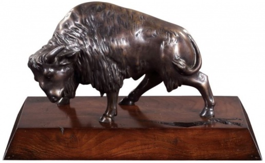 Casa Padrino Luxus Bison Bronzefigur Bronze / Braun 35 x 18 x H. 20 cm - Deko Figur mit Mahagoni Holzsockel