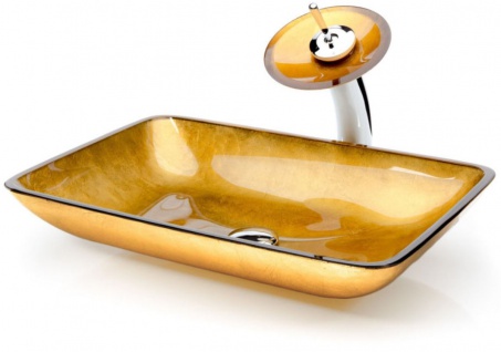 Casa Padrino Designer Waschtisch Set Orange / Gold 55 x 35 x H. 30 cm - Einhebel Wasserhahn mit rechteckigem Glas Waschbecken - Luxus Bad Zubehör