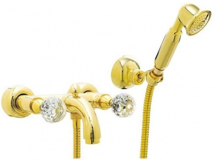 Casa Padrino Luxus Badewannen Armatur mit Handbrause und Schlauch Gold - Aufputz Wannenbatterie mit Swarovski Kristallglas - Luxus Bad Zubehör - Made in Italy