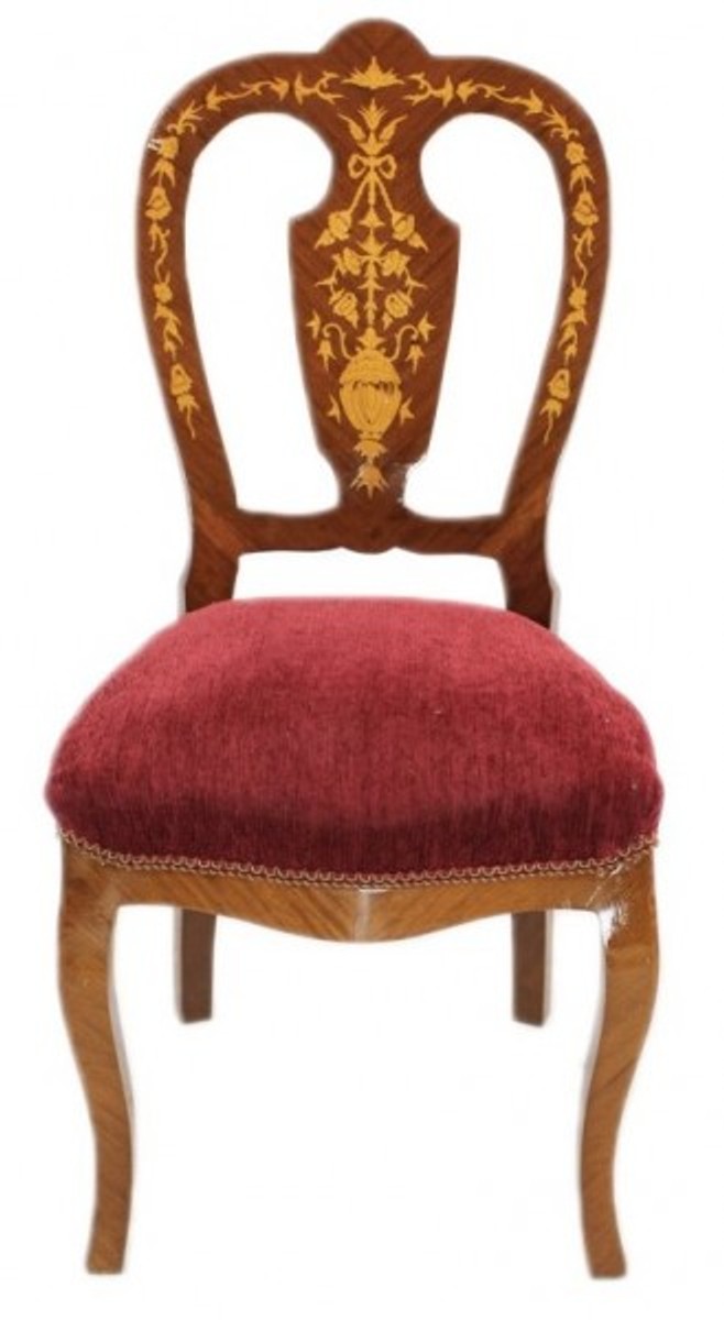 Casa Padrino Barock Luxus Esszimmer Stuhl Bordeaux / Mahagoni Intarsien - Antik Stil - Möbel