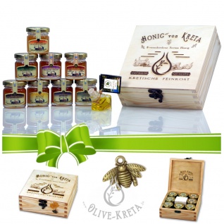 GESCHENKSET 02109 - 9 tlg. Honig & Olivenöl von Kreta in edler Holzkiste