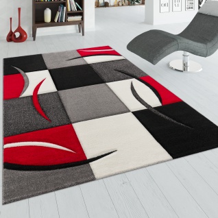 Designer Teppich mit Konturenschnitt Karo Muster Rot Schwarz