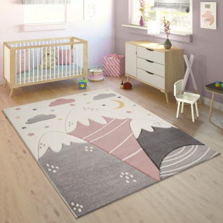 Kinderteppich Teppich Kinderzimmer Junge Mädchen Berge Sterne Wolken 3D Pink