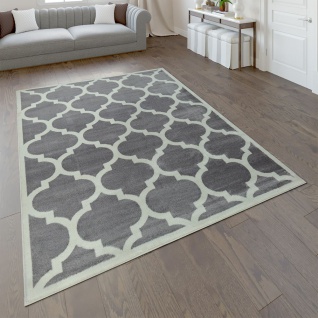 Designer Teppich Marokkanisches Muster Kurzflorteppich Modern Trend Grau Weiß - Vorschau 1