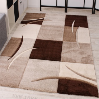 Designer Teppich mit Konturenschnitt Karo Muster Braun Beige