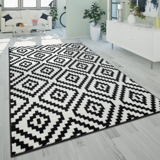 Teppich Wohnzimmer Kurzflor Boho Ethno Muster Modern Schwarz Weiß