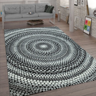 Wohnzimmer-Teppich Mit Retro-Design, Kurzflor, Punkte Kreise, 3-D-Effekt, Grau