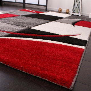 Designer Teppich mit Konturenschnitt Karo Muster Rot Schwarz - Vorschau 2