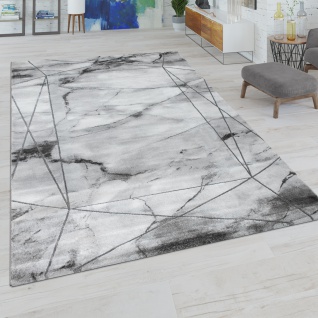 Wohnzimmer-Teppich, Kurzflor-Teppich Mit Marmor-Design Und Bordüre, In Grau Silber