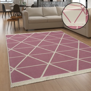 Teppich Wohnzimmer Waschbar Geometrisches Skandi Muster Fransen Pink Creme