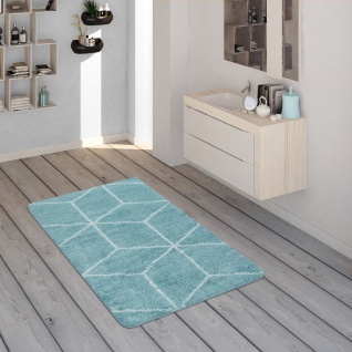 Badematte Mit Rauten-Muster, Kurzflor-Teppich Für Badezimmer In Türkis Weiß