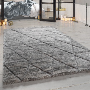 Hochflor-Teppich, Weicher Shaggy Für Wohnzimmer Mit Rauten-Muster, In Grau
