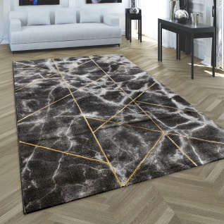 Teppich Wohnzimmer Kurzflor Marmor Optik Geometrisch 3D Effekt Gold Schwarz Grau 1