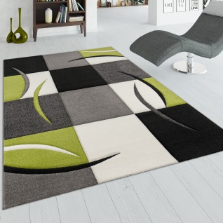 Designer Teppich mit Konturenschnitt Karo Muster Grün Schwarz