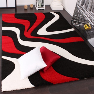 Designer Teppich mit Konturenschnitt Wellen Muster Rot Schwarz Weiss