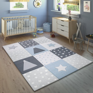 Kinderteppich Kinderzimmer Teppich Kurzflor Sterne Punkte Berge Blau Weiß Grau