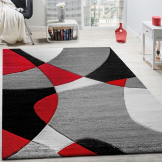 Designer Teppich Modern Geometrische Muster Konturenschnitt In Rot Schwarz Grau