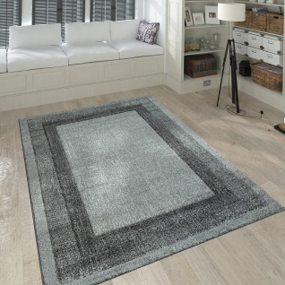 Kurzflor Teppich Wohnzimmer Modern Meliert Bordüre Farbverlauf In Grau Silber