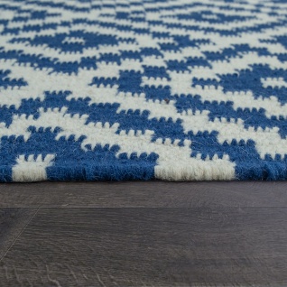Teppich Modern Marokkanische Muster Handgewebt Skandi Rauten Fransen Blau Weiß - Vorschau 2