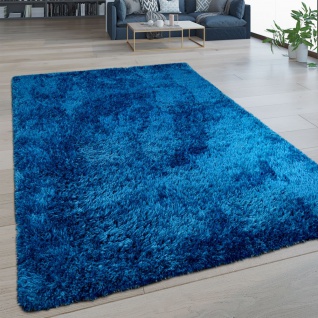Hochflor Wohnzimmer Teppich Waschbar Shaggy Flokati Optik Einfarbig In Blau
