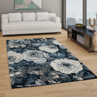 Teppich Wohnzimmer Kurzflor Boho Design Mit Modernem Floralem Muster Blau Weiß
