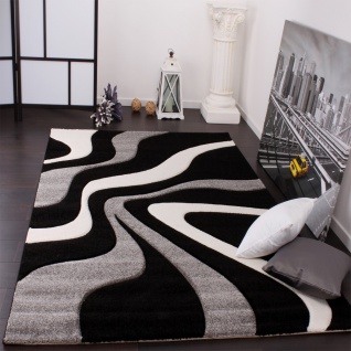Designer Teppich mit Konturenschnitt Wellen Muster Schwarz Grau Weiss