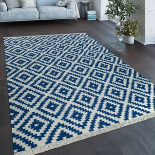 Teppich Modern Marokkanische Muster Handgewebt Skandi Rauten Fransen Blau Weiß