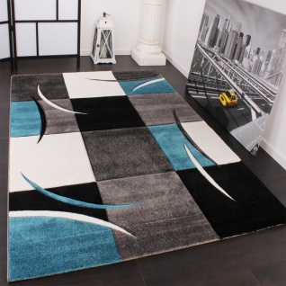 Designer Teppich mit Konturenschnitt Karo Muster Türkis Grau