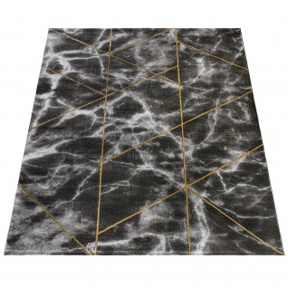 Teppich Wohnzimmer Kurzflor Marmor Optik Geometrisch 3D Effekt Gold Schwarz Grau - Vorschau 5