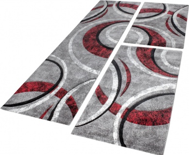 Bettumrandung Teppich mit Konturenschnitt Grau Schwarz Rot Läuferset 3 Tlg