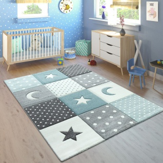 Kinderteppich Teppich Kinderzimmer Pastell Kariert Punkte Mond Sterne Weiß Grau Blau