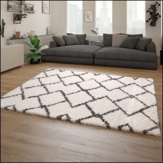 Hochflor Teppich Wohnzimmer Shaggy Langflor Modernes Skandi Muster Grau Creme - Vorschau 2