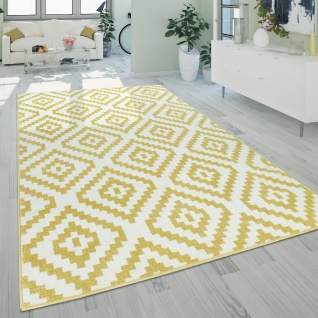 Kurzflor Wohnzimmer Teppich Pastell Geometrisches Ethno Muster Gelb Weiß