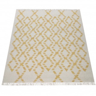 Teppich Wohnzimmer Boho Stil Fransen Handgewebt Woll-Baumwoll Gemisch Gelb Creme - Vorschau 4