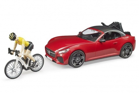Bruder 3485 Roadster mit Rennrad und Radfahrerin Renn-Auto Modell Fahrzeug Spiel