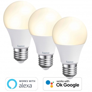 3x Hama WLAN LED-Lampe E27 10W 60W Birne Dimmbar App-Steuerung für Alexa Google