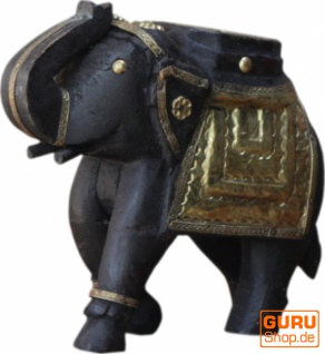 Deko Elefant geschnitzt mit Messingornamenten - 16cm