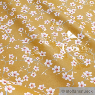 Stoff Baumwolle Acryl ocker Blüte Kirschpflaume beschichtet wasserabweisend