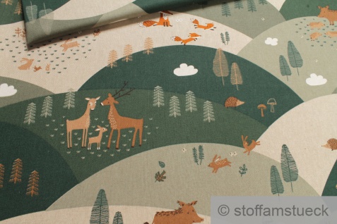 Stoff Kinderstoff Baumwolle Polyester Rips natur Tierfamilie Leinenoptik Fuchs
