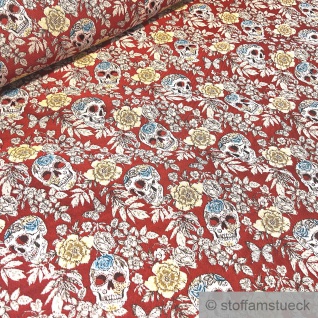 Stoff Baumwolle Polyester Gobelin rot Rose Totenkopf blickdicht Dekostoff