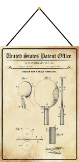 Blechschild Patent Entwurf für einen Tischtennisschläger Deko 20 x 30 m.Kordel