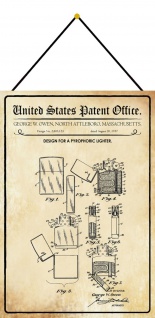 Blechschild Patent Entwurf für ein Feuerzeug Metallschild Deko 20 x 30 m.Kordel
